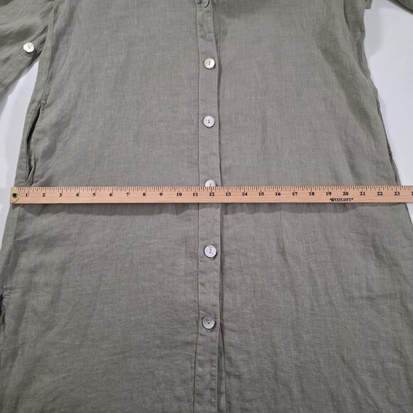 Zara Shirt Dress L Khaki Green Linen LS Roll Up Tab Slits Buttons Coastal Boho - Picture 7 of 16